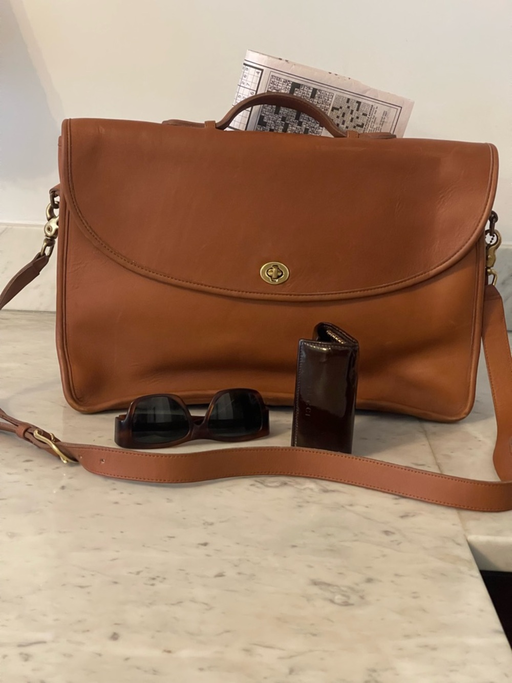 Coach Lexington Tan Leather Laptop Messenger Bag with Gold Turn-Lock